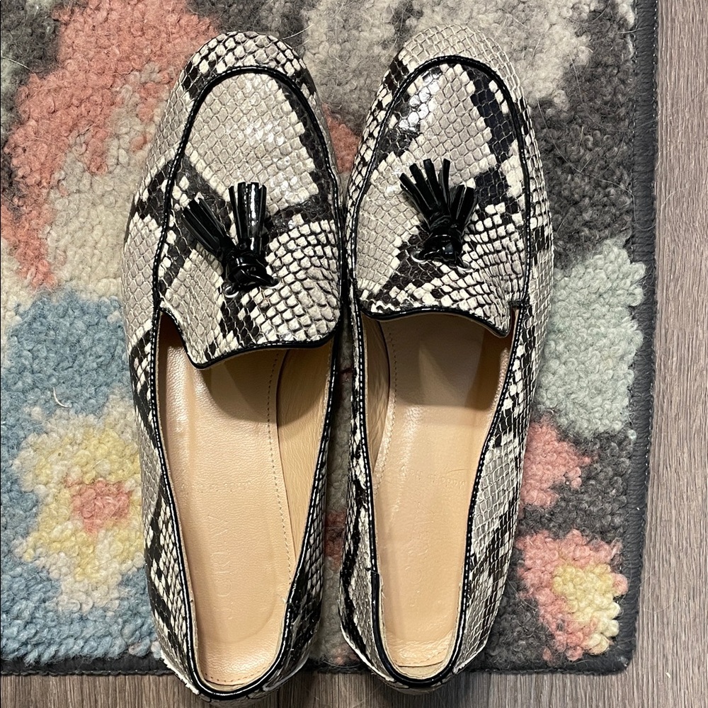 J.Crew-Italian Leather-Black and White Snake Print Loafers